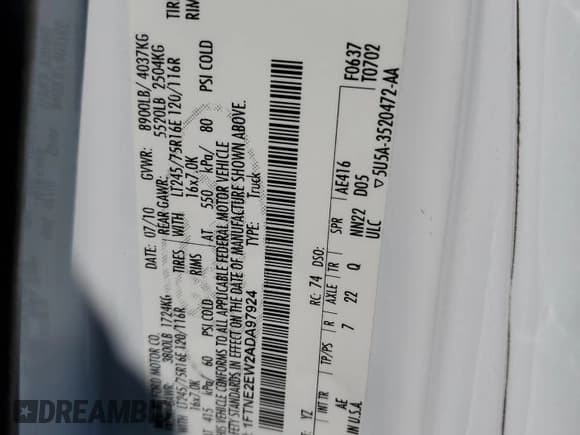 ✅ 2010 Ford Econoline Cargo Commercial • VIN: 1FTNE2EW2ADA97924 • Lot: 64302155. Listed on Copart with 133,774 mi. Free auction sales archive from the USA and detailed vehicle history report at DreamBid. Image 13.