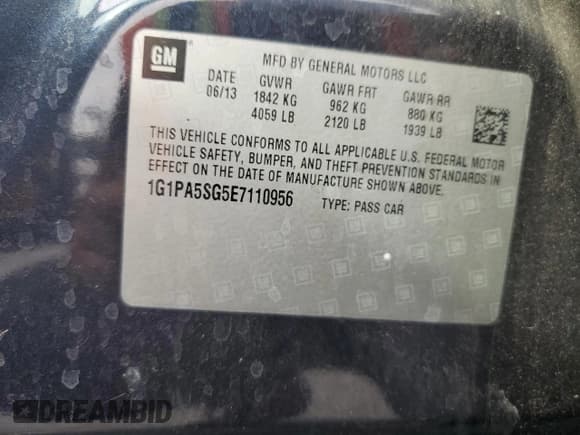 ✅ 2014 Chevrolet Cruze LS • VIN: 1G1PA5SG5E7110956 • Lot: 84618035. Listed on Copart with 57,193 mi. Free auction sales archive from the USA and detailed vehicle history report at DreamBid. Image 12.