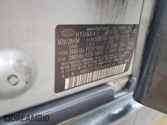 2005 Hyundai Santa Fe GLS z VIN KM8SC13D25U929140, wystawiony jako Copart lot #43108485 z przebiegiem 201 732 mil mil oraz Szkoda całkowita • Salvage title. Historia ofert i sprzedaży dostępna na DreamBid. Obrazek 13.