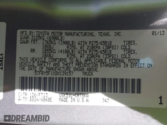 ✅ 2013 Toyota Tundra • VIN: 5TFRY5F1XDX139157 • Lot: 43077912. Listed on IAAI with 268,767 mi. Free auction sales archive from the USA and detailed vehicle history report at DreamBid. Image 9.