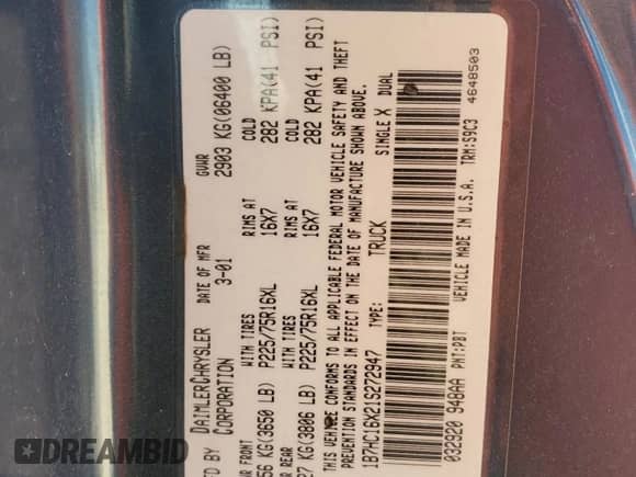 2001 Dodge 1500 Work Special с VIN 1B7HC16X21S272947, выставлен на аукционе Copart как лот 85103274 с пробегом Не указан миль и Списание • Salvage title. История ставок и продаж доступна на DreamBid. Изображение 14.