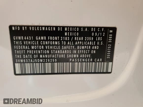 ✅ 2013 Volkswagen Jetta Hybrid • VIN: 3VW637AJ5DM226259 • Lot: 93072045. Listed on Copart with 123,594 mi. Free auction sales archive from the USA and detailed vehicle history report at DreamBid. Image 12.