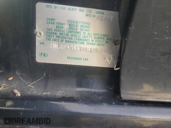 ✅ 1998 Subaru Impreza L • VIN: JF1GF4356WH810633 • Lot: 43806785. Listed on Copart with 188,888 mi. Free auction sales archive from the USA and detailed vehicle history report at DreamBid. Image 12.