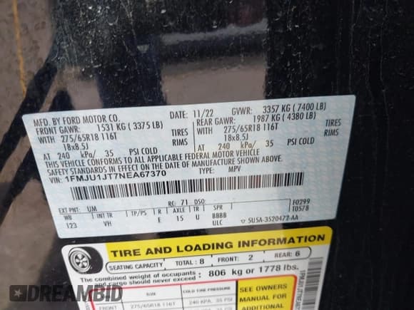 ✅ 2022 Ford Expedition XLT • VIN: 1FMJU1JT7NEA67370 • Lot: 43397514. Listed on IAAI with 69,674 mi. Free auction sales archive from the USA and detailed vehicle history report at DreamBid. Image 9.