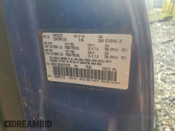 1997 Dodge 1500 with VIN 3B7HC13Z0VG721576, listed as a Copart auction lot 63650144 with 233,852 mi miles and Salvage title. Bid and sale history available at DreamBid. Image 13.