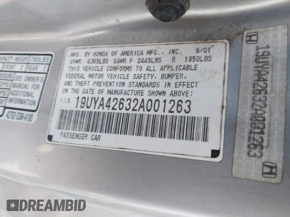 ✅ 2002 Acura CL Type S • VIN: 19UYA42632A001263 • Lot: 41983091. Listed on IAAI with Not provided. Free auction sales archive from the USA and detailed vehicle history report at DreamBid. Image 9.