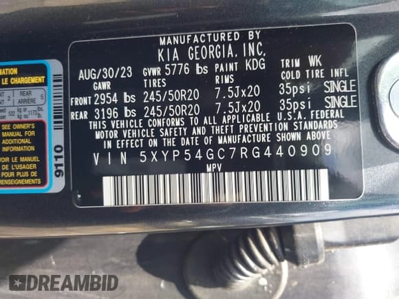 ✅ 2024 Kia Telluride SX • VIN: 5XYP54GC7RG440909 • Lot: 42519627. Listed on IAAI with 38,659 mi. Free auction sales archive from the USA and detailed vehicle history report at DreamBid. Image 9.