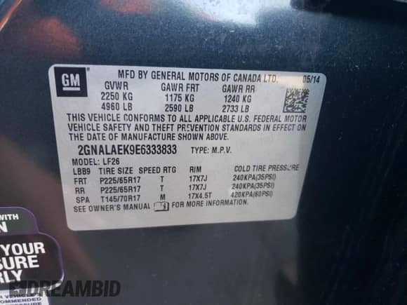 2014 Chevrolet Equinox LS z VIN 2GNALAEK9E6333833, wystawiony jako Copart lot #85087265 z przebiegiem 53 805 mil mil oraz Szkoda całkowita • Salvage title. Historia ofert i sprzedaży dostępna na DreamBid. Obrazek 13.