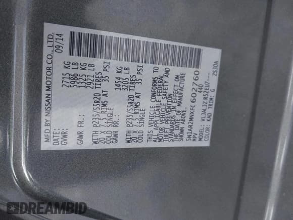 ✅ 2015 Nissan Pathfinder SV • VIN: 5N1AR2MNXFC602760 • Lot: 41693658. Listed on IAAI with 179,923 mi. Free auction sales archive from the USA and detailed vehicle history report at DreamBid. Image 9.