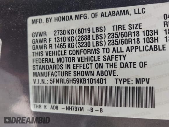 ✅ 2019 Honda Odyssey EX • VIN: 5FNRL6H59KB101401 • Lot: 42071307. Listed on IAAI with 95,768 mi. Free auction sales archive from the USA and detailed vehicle history report at DreamBid. Image 9.