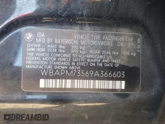 ✅ 2009 BMW 3 Series 335i • VIN: WBAPM73569A366603 • Lot: 85490334. Listed on Copart with 180,502 mi. Free auction sales archive from the USA and detailed vehicle history report at DreamBid. Image 12.