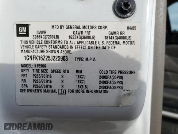 ✅ 2005 Chevrolet Suburban LS • VIN: 1GNFK16Z25J225903 • Lot: 82397105. Listed on Copart with 226,893 mi. Free auction sales archive from the USA and detailed vehicle history report at DreamBid. Image 13.