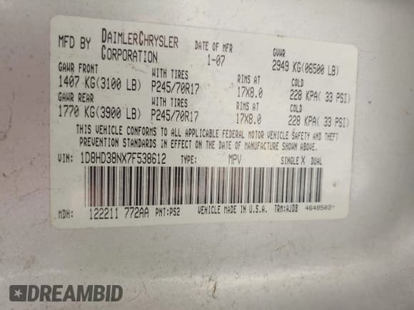 ✅ 2007 Dodge Durango SXT • VIN: 1D8HD38NX7F538612 • Lot: 42094362. Listed on IAAI with 263,988 mi. Free auction sales archive from the USA and detailed vehicle history report at DreamBid. Image 9.