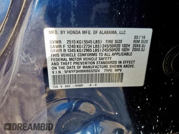 ✅ 2019 Honda Pilot Touring 8-Passenger • VIN: 5FNYF5H98KB032524 • Lot: 71437105. Listed on Copart with 60,652 mi. Free auction sales archive from the USA and detailed vehicle history report at DreamBid. Image 14.