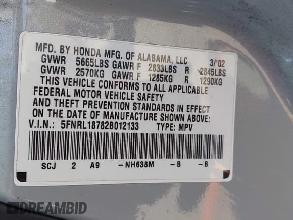 ✅ 2002 Honda Odyssey EX-L • VIN: 5FNRL18782B012133 • Lot: 42862639. Wystawiony na IAAI z przebiegiem 249 145 mil. Bezpłatny archiwum sprzedaży aukcyjnych z USA i szczegółowy raport historii pojazdu na DreamBid. Zdjęcie 9.