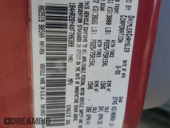 ✅ 1999 Dodge Durango • VIN: 1B4HR28Y4XF706309 • Lot: 58946095. Wystawiony na Copart z przebiegiem 124 984 mil. Bezpłatny archiwum sprzedaży aukcyjnych z USA i szczegółowy raport historii pojazdu na DreamBid. Zdjęcie 12.