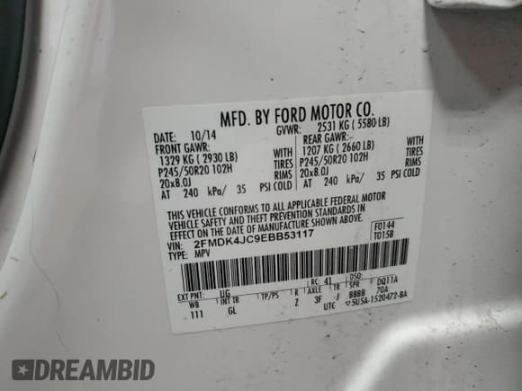 ✅ 2014 Ford Edge SEL • VIN: 2FMDK4JC9EBB53117 • Lot: 61017115. Listed on Copart with 118,071 mi. Free auction sales archive from the USA and detailed vehicle history report at DreamBid. Image 13.