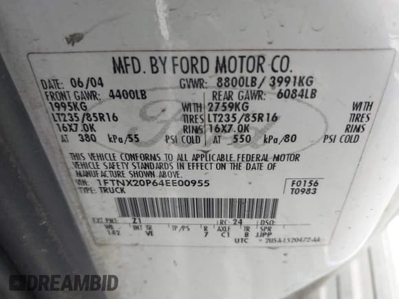 ✅ 2004 Ford F-250 XL • VIN: 1FTNX20P64EE00955 • Lot: 43136877. Listed on IAAI with 341,302 mi. Free auction sales archive from the USA and detailed vehicle history report at DreamBid. Image 9.