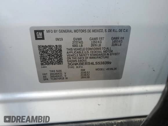 2020 Chevrolet Blazer RS with VIN 3GNKBERS4LS538399, listed as a Copart auction lot 58931754 with Not provided miles and Non repairable. Bid and sale history available at DreamBid. Image 15.