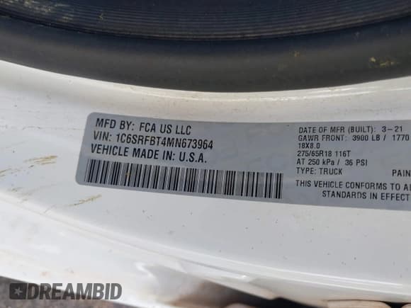 ✅ 2021 Ram 1500 Big Horn • VIN: 1C6SRFBT4MN673964 • Лот: 42828995. Опубликован ранее на IAAI с пробегом 150 893 миль. Бесплатный доступ к архиву аукционных продаж из США и подробный отчёт об истории автомобиля на DreamBid. Изображение 9.