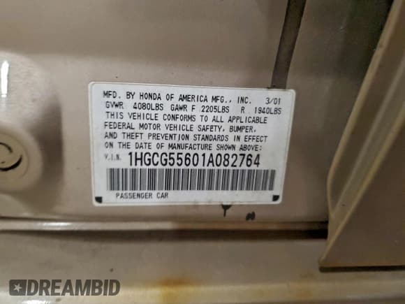 ✅ 2001 Honda Accord EX • VIN: 1HGCG55601A082764 • Lot: 93492545. Listed on Copart with 257,780 mi. Free auction sales archive from the USA and detailed vehicle history report at DreamBid. Image 12.