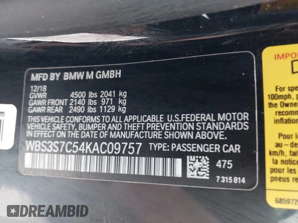 ✅ 2019 BMW M4 CS • VIN: WBS3S7C54KAC09757 • Lot: 41847814. Listed on IAAI with 79,279 mi. Free auction sales archive from the USA and detailed vehicle history report at DreamBid. Image 9.