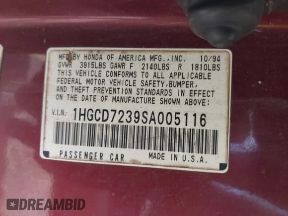 ✅ 1995 Honda Accord LX • VIN: 1HGCD7239SA005116 • Лот: 42612811. Опубликован ранее на IAAI с пробегом 222 310 миль. Бесплатный доступ к архиву аукционных продаж из США и подробный отчёт об истории автомобиля на DreamBid. Изображение 9.