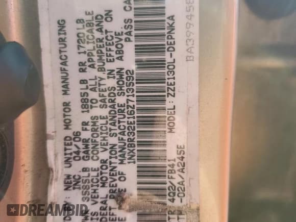 ✅ 2006 Toyota Corolla CE • VIN: 1NXBR32E16Z713592 • Lot: 93247855. Listed on Copart with 196,373 mi. Free auction sales archive from the USA and detailed vehicle history report at DreamBid. Image 12.