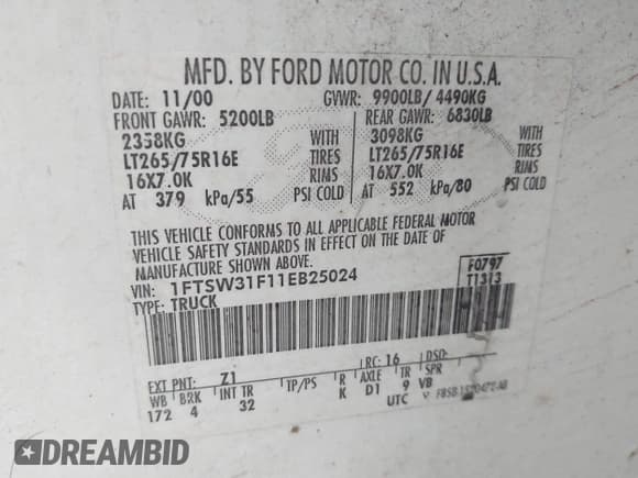 ✅ 2001 Ford F-350 XL • VIN: 1FTSW31F11EB25024 • Лот: 43107496. Опубликован ранее на IAAI с пробегом 256 024 миль. Бесплатный доступ к архиву аукционных продаж из США и подробный отчёт об истории автомобиля на DreamBid. Изображение 9.