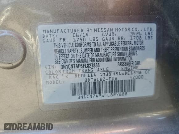 ✅ 2015 Nissan Versa S Plus • VIN: 3N1CN7AP6FL827888 • Lot: 94734925. Wystawiony na Copart z przebiegiem 122 214 mil. Bezpłatny archiwum sprzedaży aukcyjnych z USA i szczegółowy raport historii pojazdu na DreamBid. Zdjęcie 12.