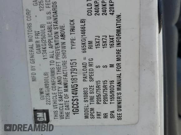 ✅ 2001 Chevrolet S-10 • VIN: 1GCCS14W518179151 • Lot: 58914675. Listed on Copart with 146,713 mi. Free auction sales archive from the USA and detailed vehicle history report at DreamBid. Image 12.