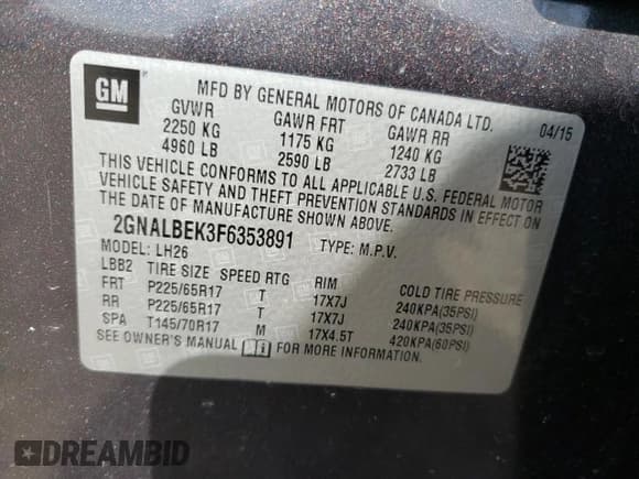 ✅ 2015 Chevrolet Equinox LT • VIN: 2GNALBEK3F6353891 • Лот: 53227813. Опубликован ранее на Copart с пробегом Не указан. Бесплатный доступ к архиву аукционных продаж из США и подробный отчёт об истории автомобиля на DreamBid. Изображение 13.