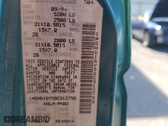 ✅ 1995 Nissan Frontier SE • VIN: 1N6HD16Y5SC312758 • Lot: 80941505. Listed on Copart with 226,273 mi. Free auction sales archive from the USA and detailed vehicle history report at DreamBid. Image 12.