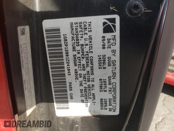 ✅ 2001 Saturn SC • VIN: 1G8ZP12801Z241043 • Лот: 93238175. Опубликован ранее на Copart с пробегом 190 547 миль. Бесплатный доступ к архиву аукционных продаж из США и подробный отчёт об истории автомобиля на DreamBid. Изображение 12.