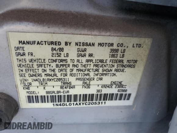 ✅ 2000 Nissan Altima GXE • VIN: 1N4DL01AXYC205311 • Lot: 66969515. Listed on Copart with 137,046 mi. Free auction sales archive from the USA and detailed vehicle history report at DreamBid. Image 12.