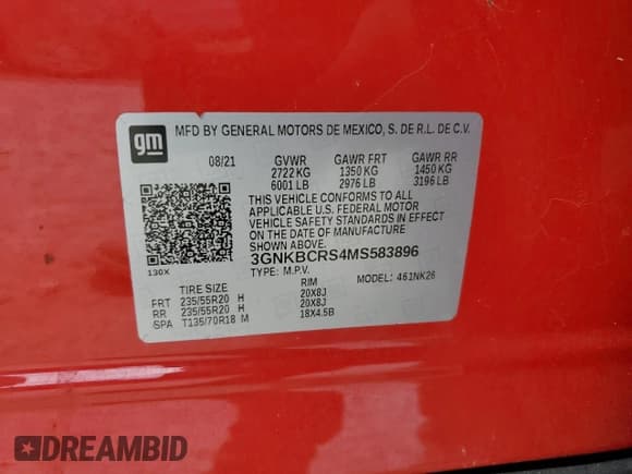 ✅ 2021 Chevrolet Blazer LT • VIN: 3GNKBCRS4MS583896 • Lot: 68912255. Listed on Copart with 99,562 mi. Free auction sales archive from the USA and detailed vehicle history report at DreamBid. Image 14.