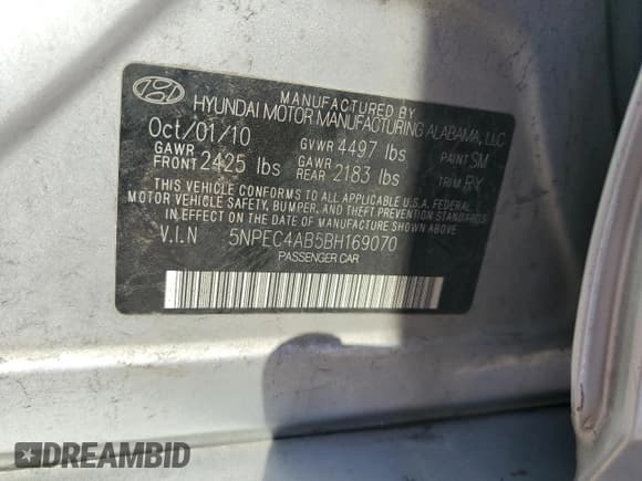 ✅ 2011 Hyundai Sonata SE • VIN: 5NPEC4AB5BH169070 • Lot: 71984484. Listed on Copart with 166,723 mi. Free auction sales archive from the USA and detailed vehicle history report at DreamBid. Image 13.