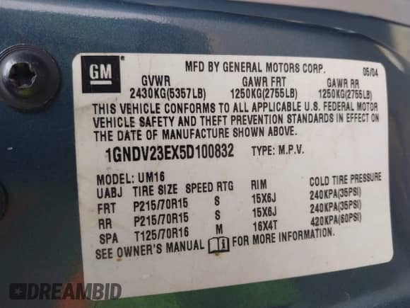 2005 Chevrolet Venture LS z VIN 1GNDV23EX5D100832, wystawiony jako IAAI lot #42888933 z przebiegiem 34 005 mil mil oraz . Historia ofert i sprzedaży dostępna na DreamBid. Obrazek 9.