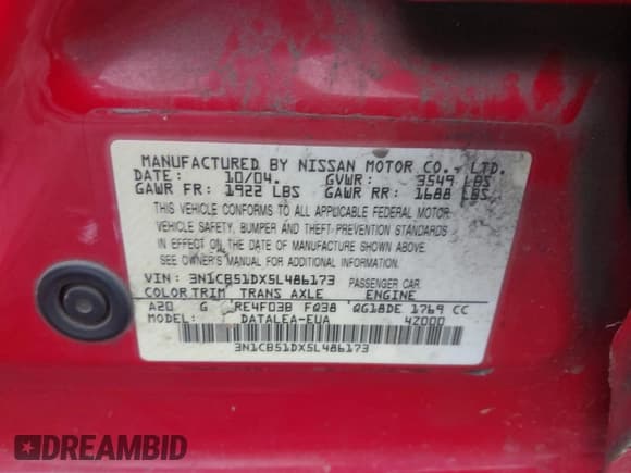 ✅ 2005 Nissan Sentra S • VIN: 3N1CB51DX5L486173 • Lot: 42852207. Wystawiony na IAAI z przebiegiem 230 047 mil. Bezpłatny archiwum sprzedaży aukcyjnych z USA i szczegółowy raport historii pojazdu na DreamBid. Zdjęcie 9.