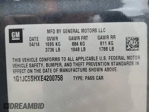 2014 Chevrolet Sonic LT z VIN 1G1JC5SHXE4200758, wystawiony jako Copart lot #65268585 z przebiegiem 136 698 mil mil oraz Nie do naprawy • Non repairable. Historia ofert i sprzedaży dostępna na DreamBid. Obrazek 12.