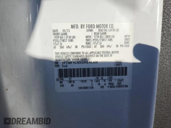 ✅ 2013 Ford F-150 XL • VIN: 1FTMF1CMXDKE46400 • Lot: 85738525. Wystawiony na Copart z przebiegiem 185 920 mil. Bezpłatny archiwum sprzedaży aukcyjnych z USA i szczegółowy raport historii pojazdu na DreamBid. Zdjęcie 12.