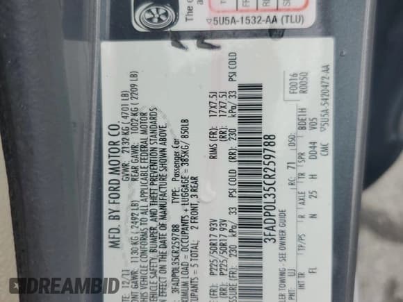 ✅ 2012 Ford Fusion Hybrid • VIN: 3FADP0L35CR259788 • Lot: 82338605. Wystawiony na Copart z przebiegiem 206 321 mil. Bezpłatny archiwum sprzedaży aukcyjnych z USA i szczegółowy raport historii pojazdu na DreamBid. Zdjęcie 12.