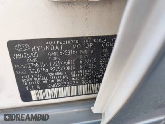 2005 Hyundai Santa Fe GLS z VIN KM8SC73E75U968818, wystawiony jako IAAI lot #43040301 z przebiegiem 200 279 mil mil oraz . Historia ofert i sprzedaży dostępna na DreamBid. Obrazek 9.