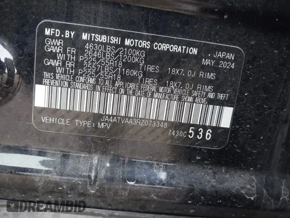 ✅ 2024 Mitsubishi Eclipse Cross LE • VIN: JA4ATVAA3RZ073348 • Lot: 42390003. Listed on IAAI with 14,771 mi. Free auction sales archive from the USA and detailed vehicle history report at DreamBid. Image 9.