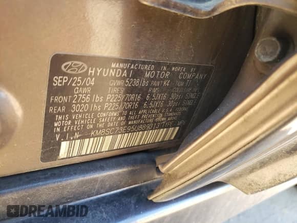 2005 Hyundai Santa Fe GLS с VIN KM8SC73E95U889313, выставлен на аукционе Copart как лот 42508925 с пробегом 187 643 миль миль и Списание • Salvage title. История ставок и продаж доступна на DreamBid. Изображение 13.