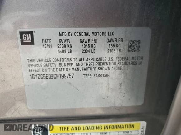 2012 Chevrolet Malibu 1LT z VIN 1G1ZC5E09CF199757, wystawiony jako Copart lot #69290055 z przebiegiem 147 177 mil mil oraz Czysty tytuł • Clean title. Historia ofert i sprzedaży dostępna na DreamBid. Obrazek 12.