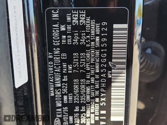 ✅ 2016 Kia Sorento EX • VIN: 5XYPHDA52GG159129 • Лот: 85925985. Опубликован ранее на Copart с пробегом Не указан. Бесплатный доступ к архиву аукционных продаж из США и подробный отчёт об истории автомобиля на DreamBid. Изображение 13.