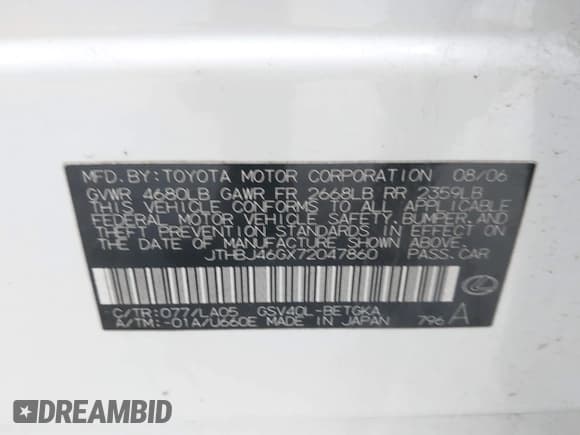 ✅ 2007 Lexus ES 330 • VIN: JTHBJ46GX72047860 • Lot: 43823747. Listed on IAAI with 159,919 mi. Free auction sales archive from the USA and detailed vehicle history report at DreamBid. Image 9.