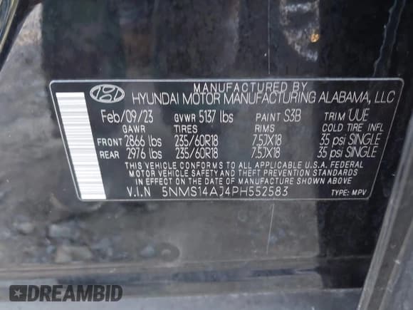 ✅ 2023 Hyundai Santa Fe SE • VIN: 5NMS14AJ4PH552583 • Lot: 43467765. Listed on IAAI with 87,951 mi. Free auction sales archive from the USA and detailed vehicle history report at DreamBid. Image 9.