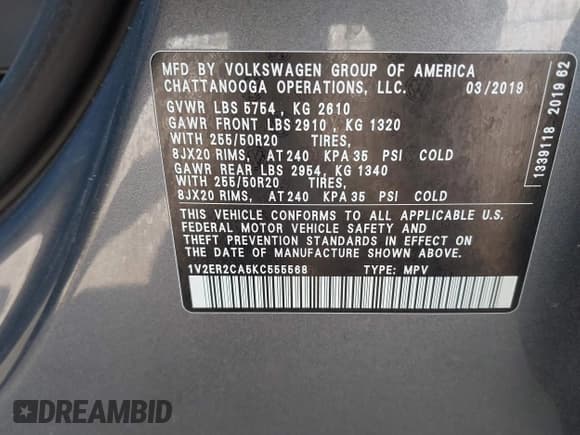 ✅ 2019 Volkswagen Atlas SEL • VIN: 1V2ER2CA5KC555568 • Lot: 42050516. Listed on IAAI with 71,599 mi. Free auction sales archive from the USA and detailed vehicle history report at DreamBid. Image 9.